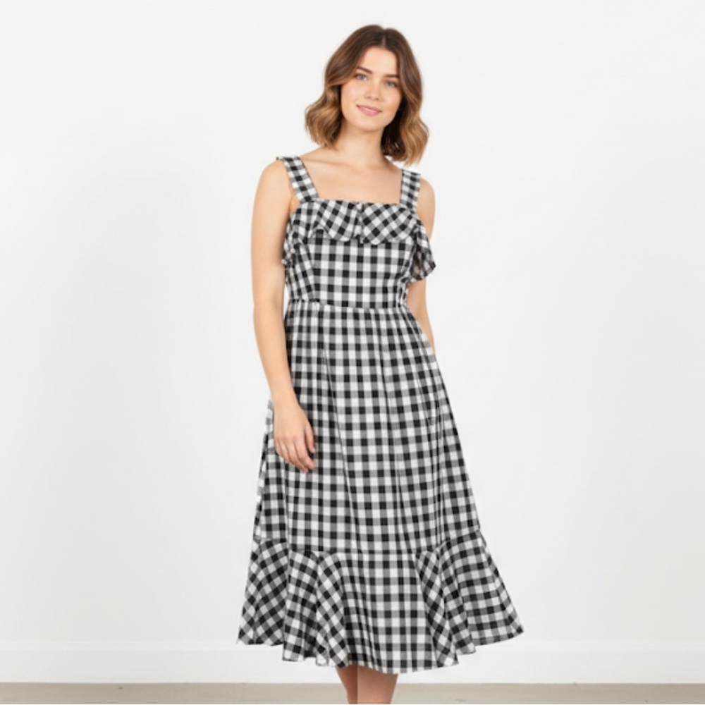 J. Crew Buffalo Plaid Gingham Black and White Ruffled Cotton Picnic Dress Size 6
